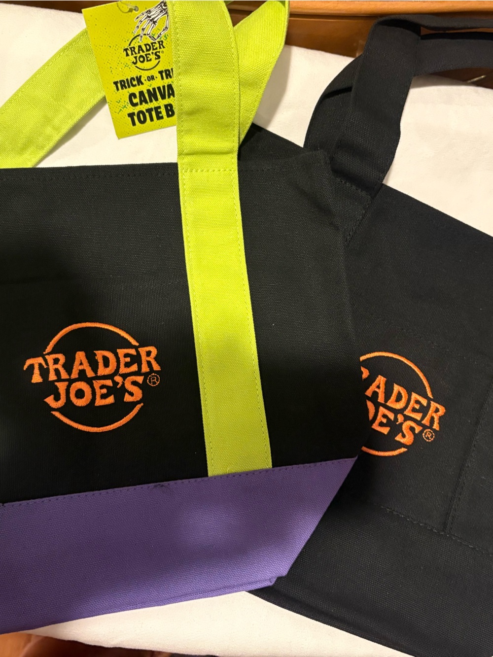 NWT Set of Two Trader Joe’s Halloween Mini Tote Black & Green/Purple/Black